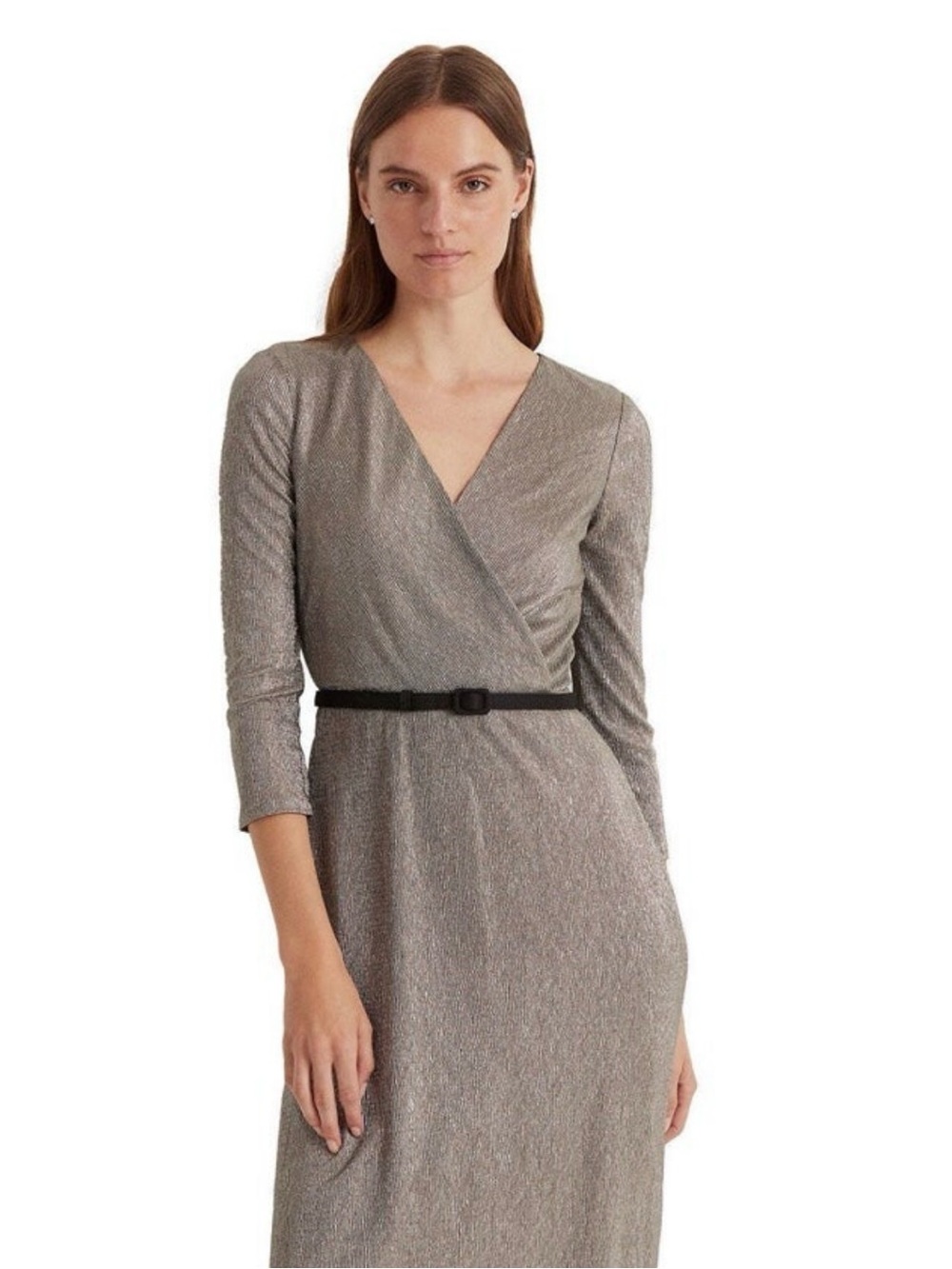 Ralph Lauren Metallic Pewter Wrap Midi Dress Size 6